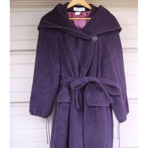 Vintage Sonia Rykiel Purple Hooded Coat with Belt Pockets M L Princess Wool 80s